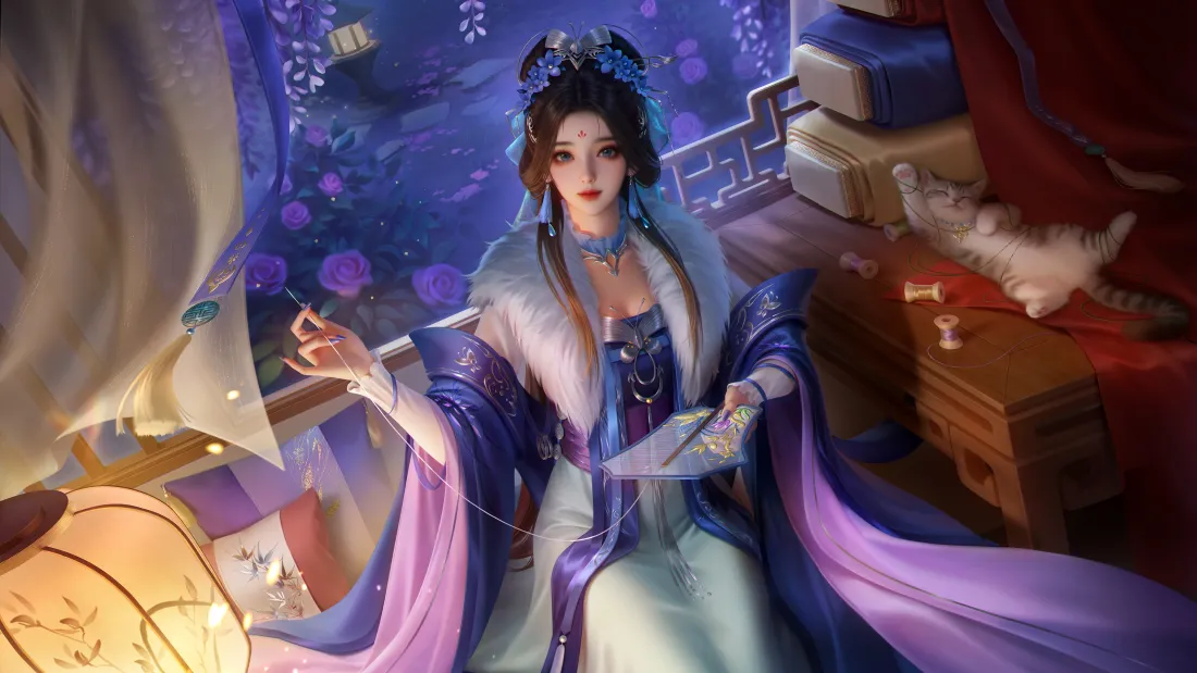 4k三国杀曹宪壁纸｜锦书释卷皮肤 - 古风汉服书房猫咪背景图片「哲风壁纸」