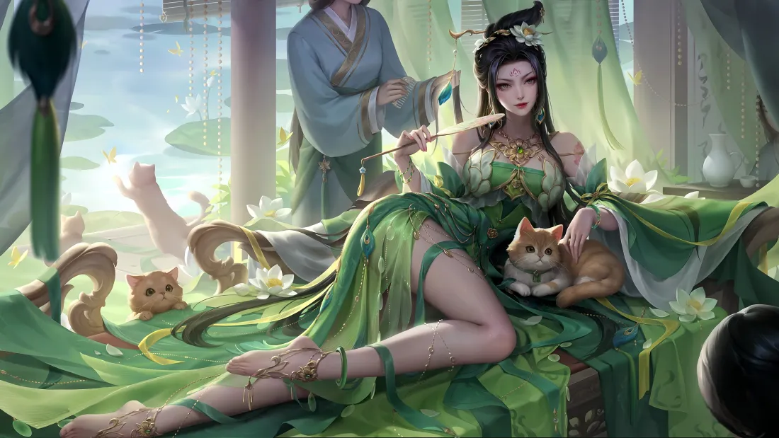 4k徐馨慵仪闲趣皮肤壁纸｜三国杀背景图片 - 绿衣卧榻橘猫荷花古风「哲风壁纸」