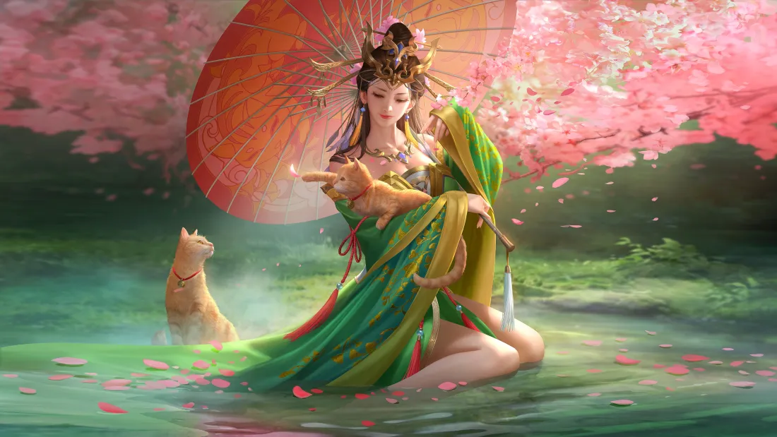 4k三国杀步练师壁纸｜樱花涧戏猫背景图片 - 古风绿衣红伞「哲风壁纸」
