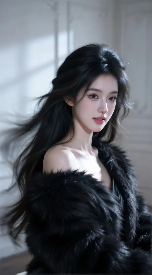 黑长发美女手机壁纸｜室内光影背景图片 - 露肩黑色毛绒穿搭「哲风壁纸」