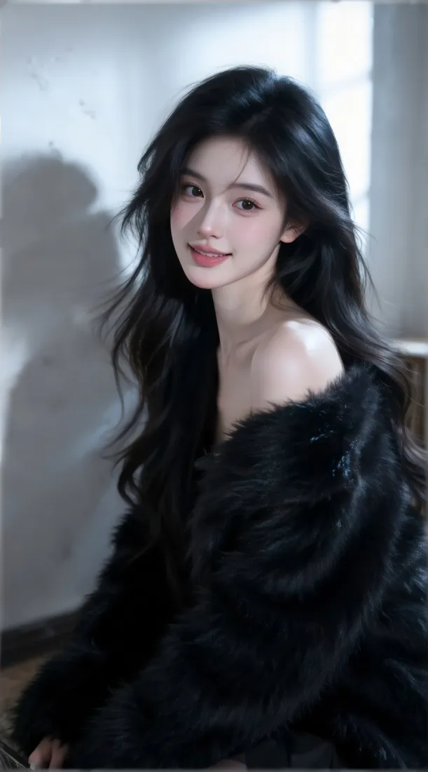 黑长发美女｜露肩氛围感背景图片 - 黑色毛绒外套温柔甜笑「哲风壁纸」