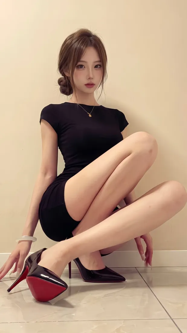 黑裙美女手机壁纸｜室内写真背景图片 - 红底高跟大长腿御姐「哲风壁纸」