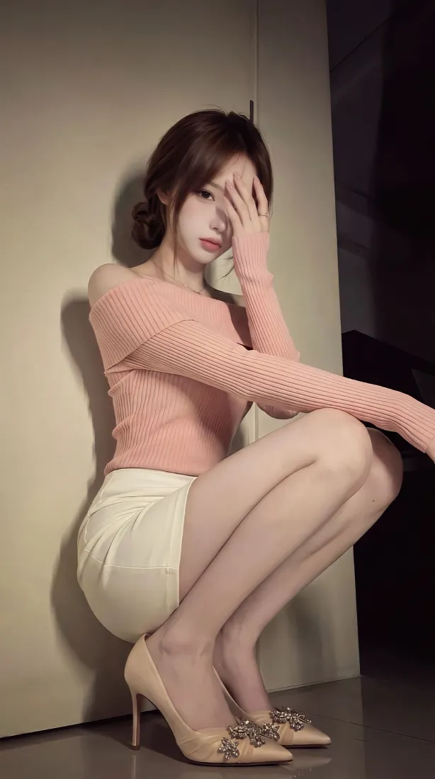 粉色穿搭美女手机壁纸｜蹲姿美腿背景图片 - 温柔轻熟风穿搭「哲风壁纸」