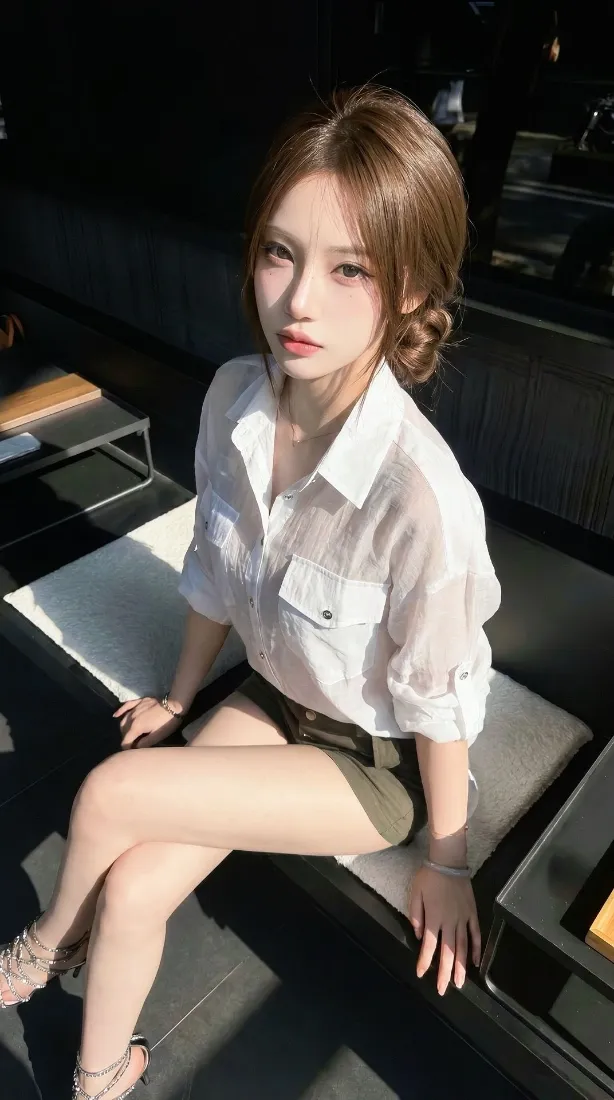 白衬衫美女手机壁纸｜室内坐姿背景图片 - 大长腿「哲风壁纸」