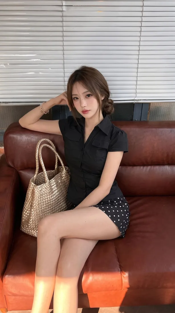 气质美女｜室内沙发背景图片 - 黑衬衫大长腿御姐写真「哲风壁纸」