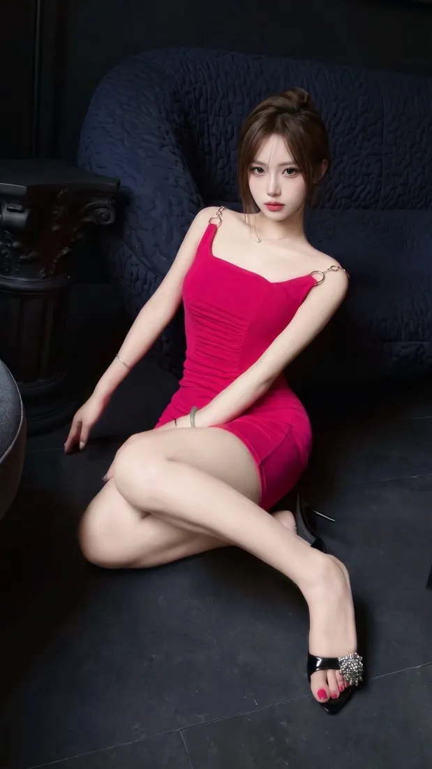 红衣美女手机壁纸｜沙发坐姿背景图片 - 吊带短裙大长腿「哲风壁纸」