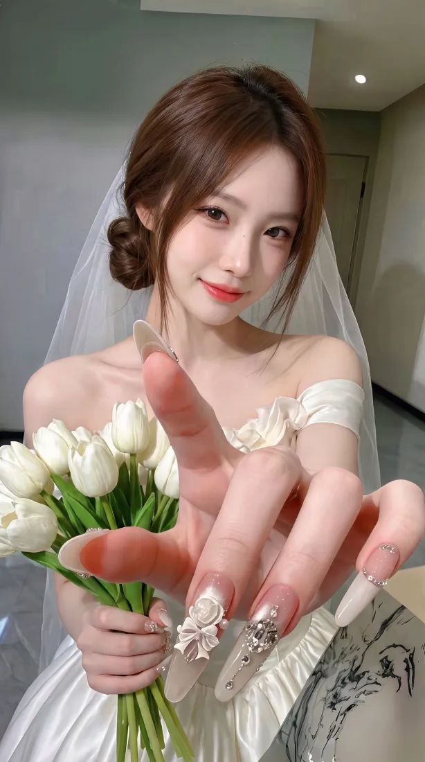 婚纱美女手机壁纸｜室内自拍背景图片 - 手捧郁金香「哲风壁纸」