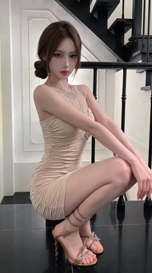 纯欲美女手机壁纸｜室内楼梯背景图片 - 裸色包臀裙穿搭「哲风壁纸」