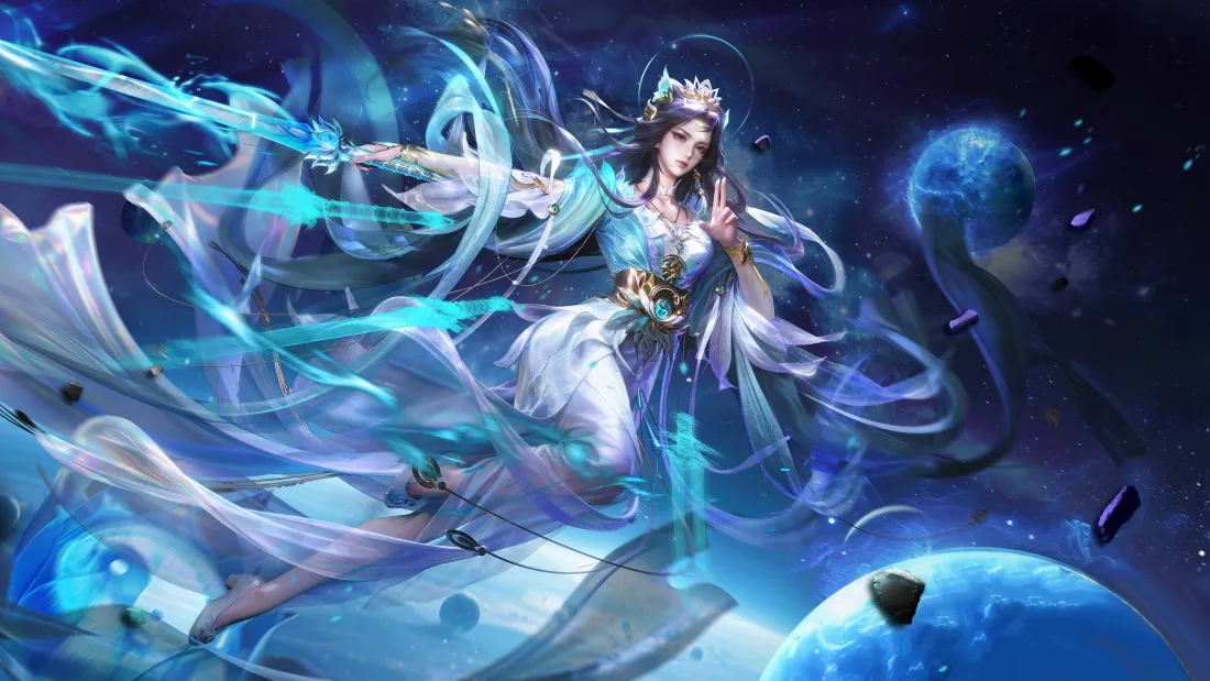 2k三国杀孙寒华壁纸｜威灵尽显皮肤背景图片 - 青蓝仙袍仗剑御空仙风道骨「哲风壁纸」