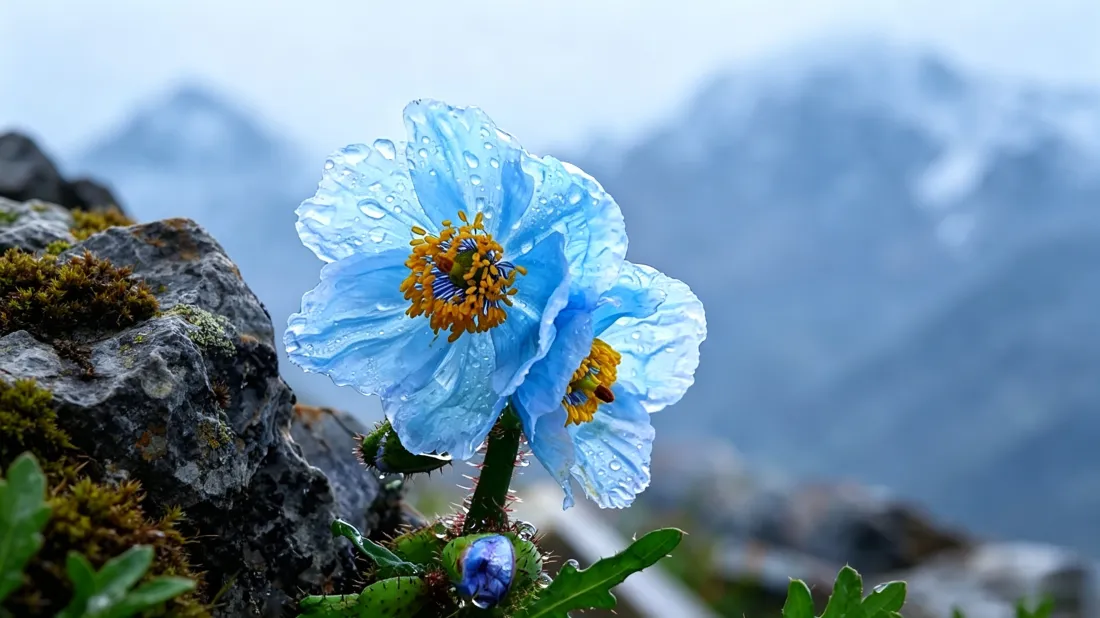 3k绿绒蒿壁纸｜高山岩石背景图片 - 蓝色花朵清新「哲风壁纸」