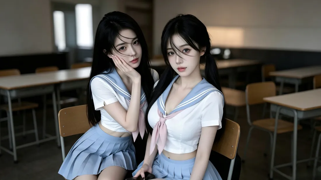 3kJK美女壁纸｜教室背景图片 - 水手服双少女青春写真「哲风壁纸」