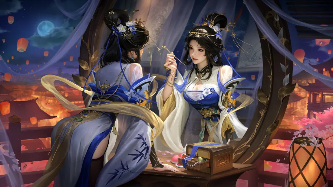 4k英雄杀上官婉儿壁纸｜探微镜皮肤背景图片 - 古风夜景对镜梳妆「哲风壁纸」