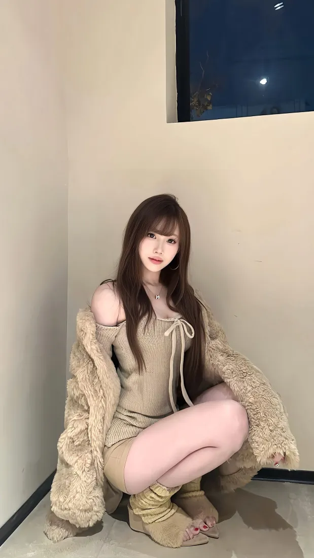 卡其色穿搭美女手机壁纸｜室内蹲姿背景图片 - 长发大长腿「哲风壁纸」