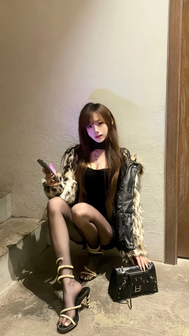 皮衣美女手机壁纸｜楼梯间背景图片 - 黑丝御姐穿搭「哲风壁纸」