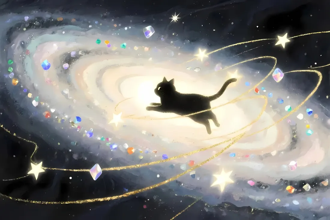 2k卡通小猫壁纸｜银河星空背景图片 - 梦幻黑猫宝石星光插画「哲风壁纸」