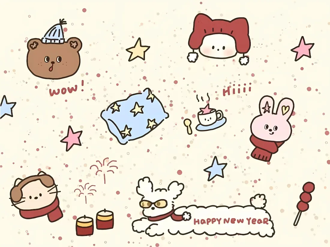 2k新年卡通小动物壁纸｜可爱治愈背景图片 - 小熊兔子猫咪小狗元素「哲风壁纸」