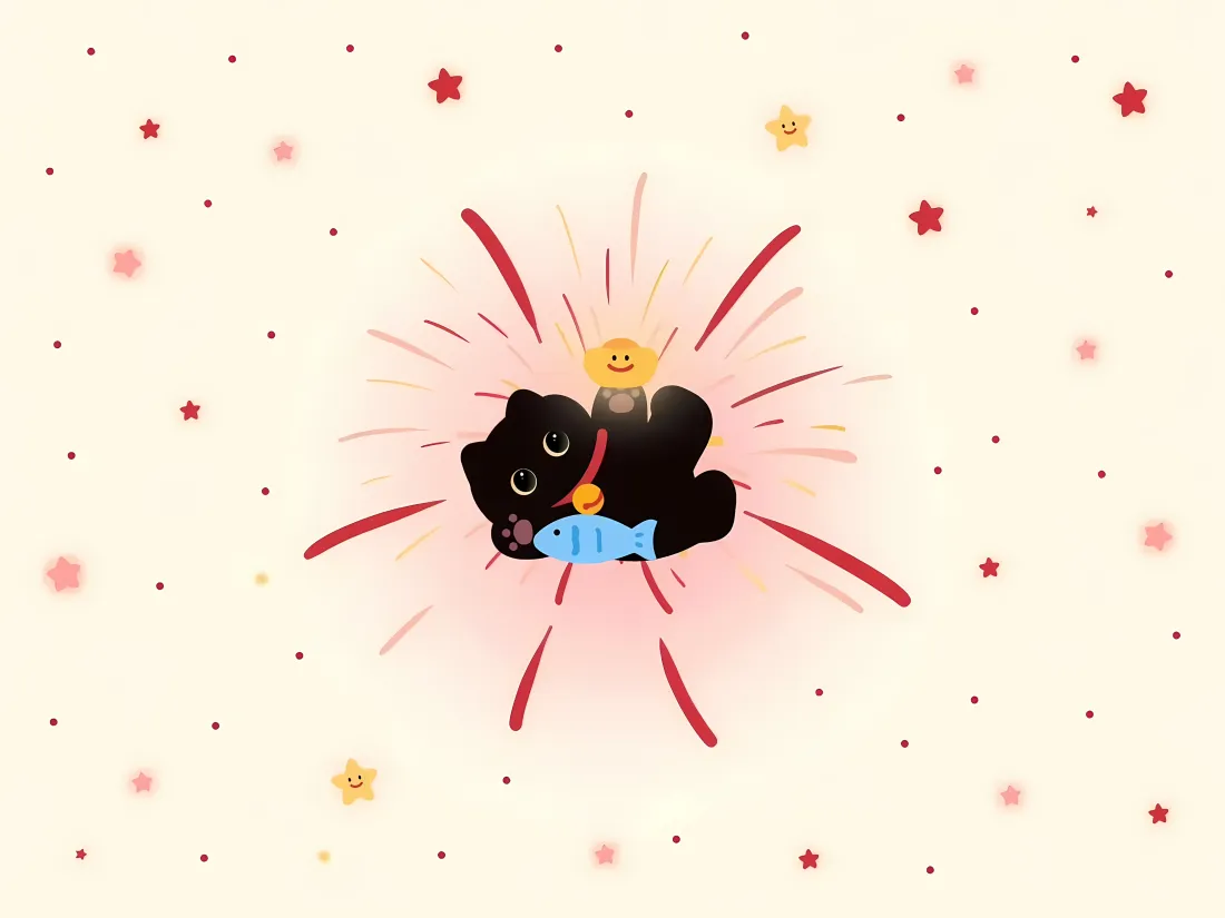 3k小黑猫壁纸｜烟花星星背景图片 - 抱蓝鱼可爱治愈插画「哲风壁纸」