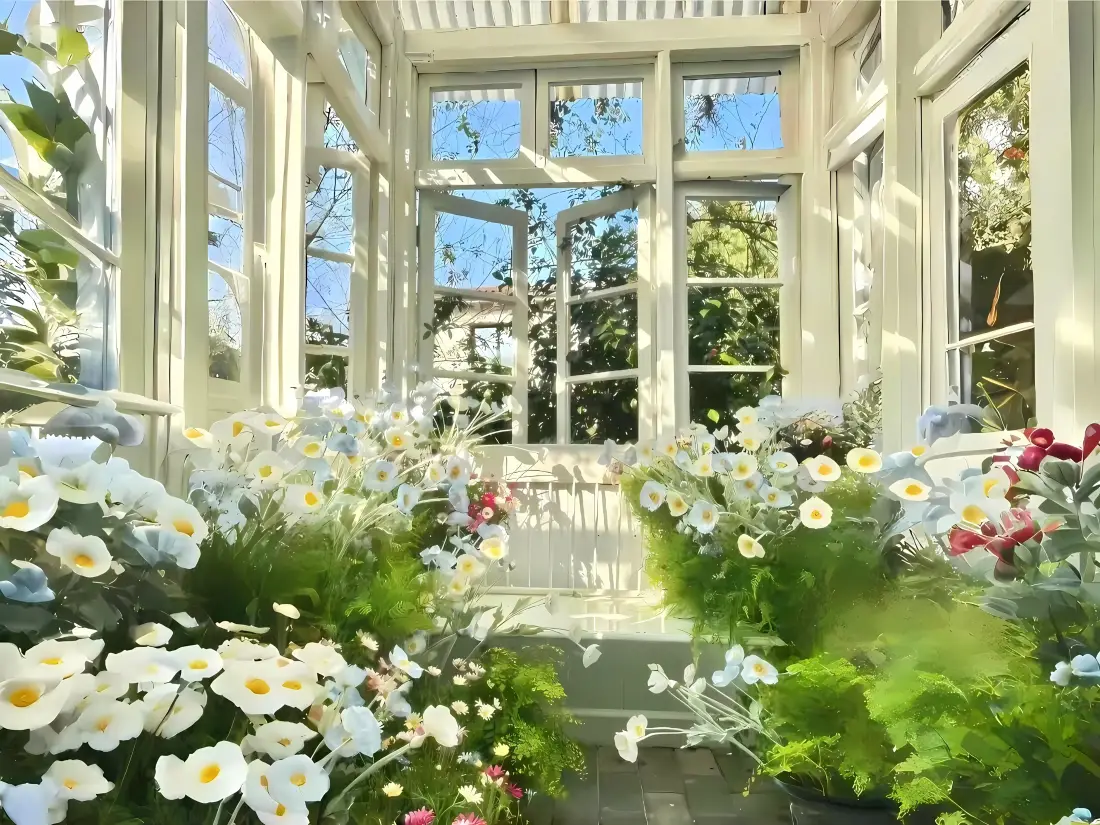 3k阳光花房壁纸｜白花绿植背景图片 - 治愈窗边盛景「哲风壁纸」