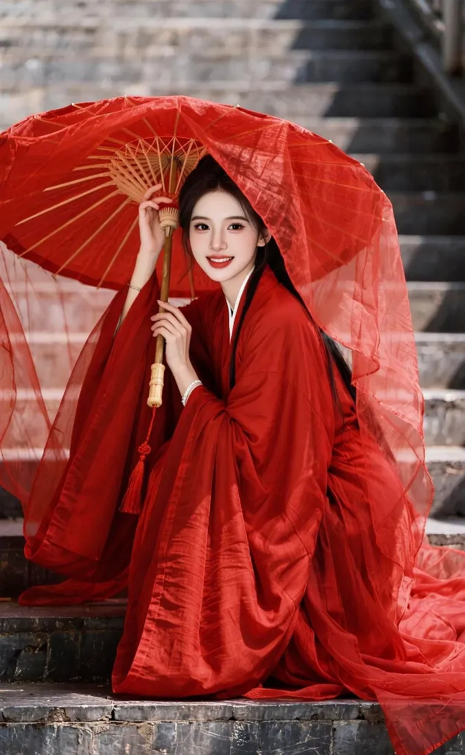 红衣汉服美女手机壁纸｜石阶红伞背景图片 - 古风氛围感「哲风壁纸」