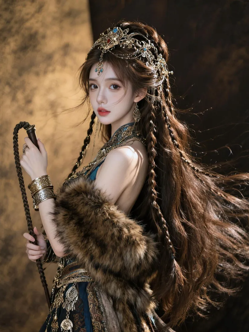 异域风美女手机壁纸｜古风写真背景图片 - 皮草编发造型「哲风壁纸」