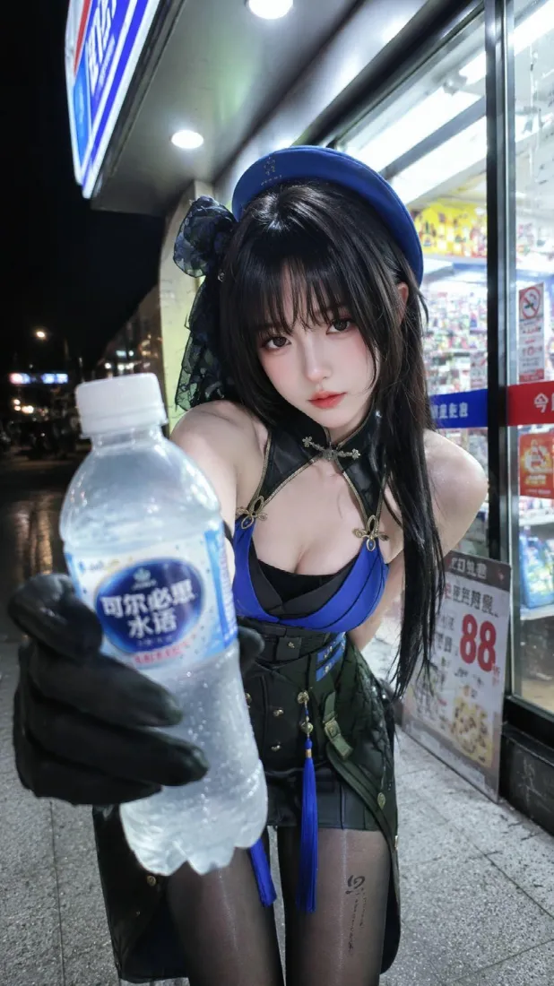蓝贝雷帽御姐｜便利店夜景背景图片 - 黑丝甜酷穿搭「哲风壁纸」