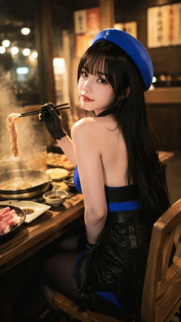 美女coser手机壁纸｜火锅店用餐背景图片 - 蓝贝雷帽黑蓝穿搭「哲风壁纸」