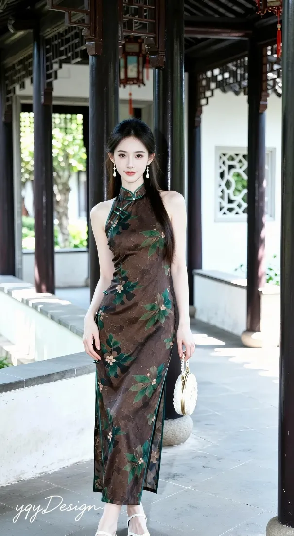 旗袍美女手机壁纸｜中式园林背景图片 - 棕色无袖刺绣穿搭「哲风壁纸」
