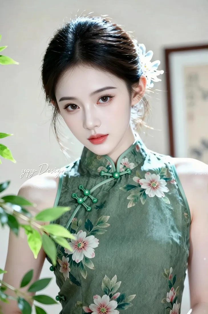 绿色绣花旗袍美女手机壁纸｜国风人像背景图片 - 古典温婉造型「哲风壁纸」