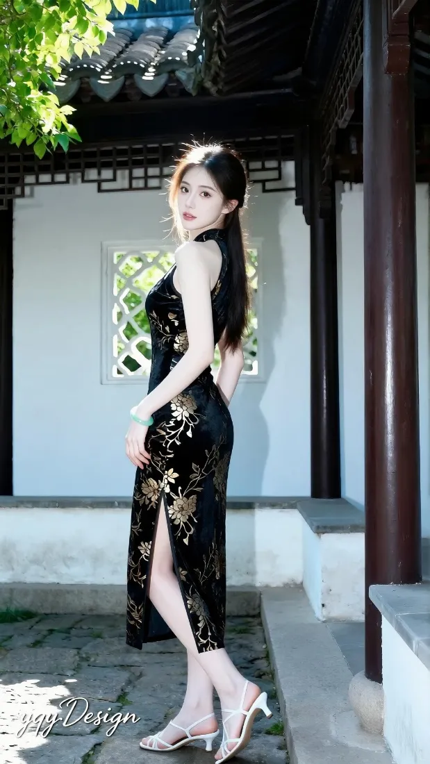 旗袍美女手机壁纸｜中式庭院背景图片 - 黑裙气质写真「哲风壁纸」