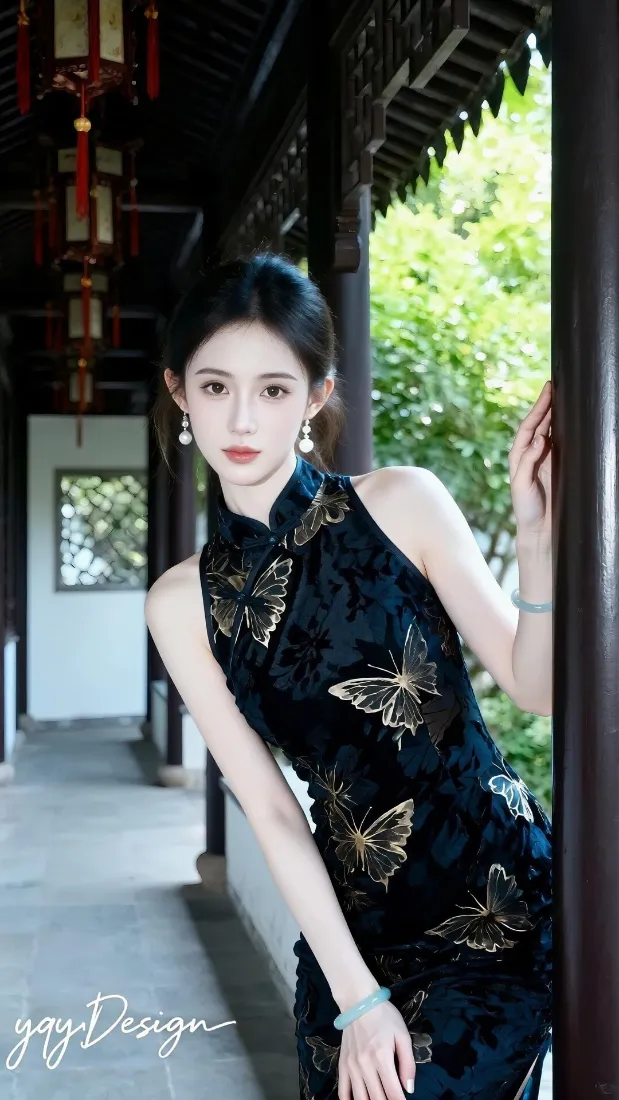 黑色蝴蝶旗袍｜中式园林背景图片 - 温婉国风人像「哲风壁纸」