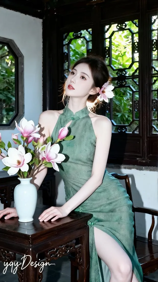 绿色旗袍｜中式古风背景图片 - 玉兰花美人写真「哲风壁纸」