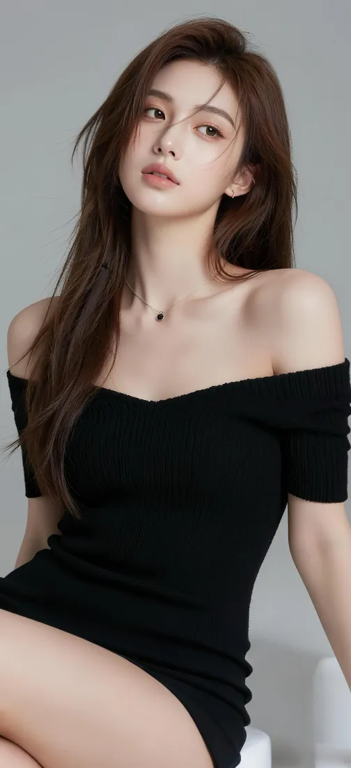 长发美女手机壁纸｜黑色露肩裙背景图片 - 简约人像「哲风壁纸」