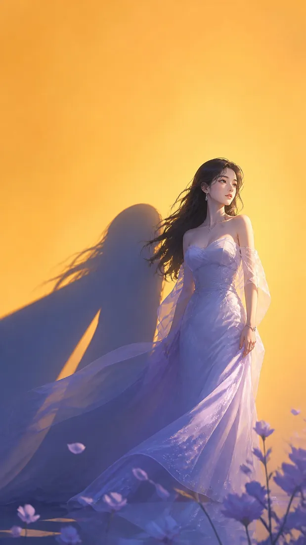 白裙长发美女手机壁纸｜黄昏花田背景图片 - 优雅飘逸「哲风壁纸」