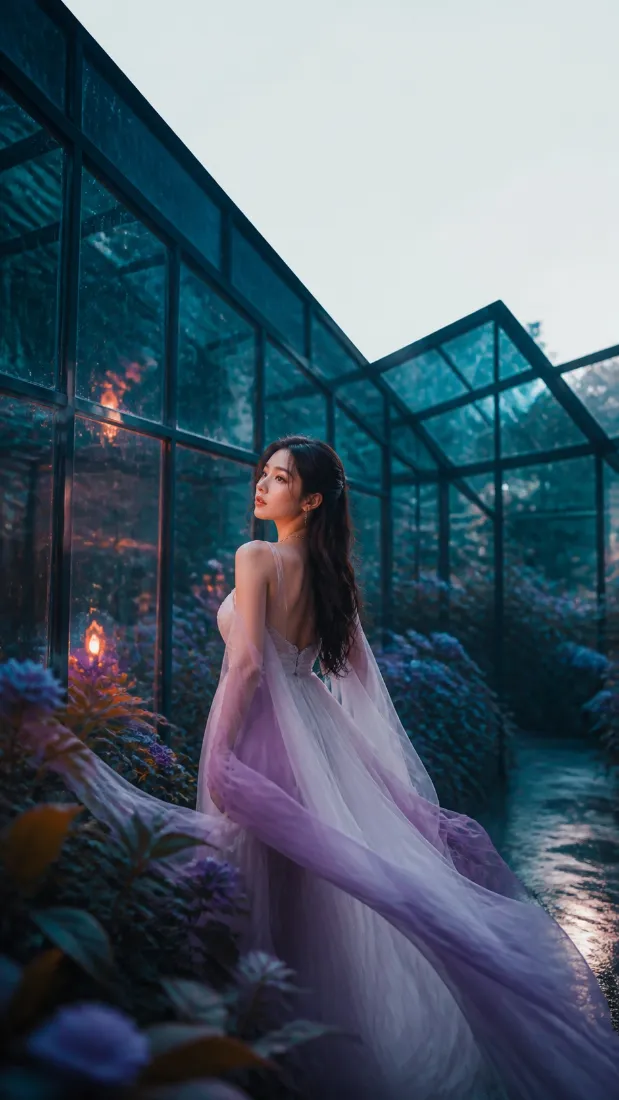 紫纱裙美女手机壁纸｜玻璃花房背景图片 - 烛光梦幻氛围「哲风壁纸」