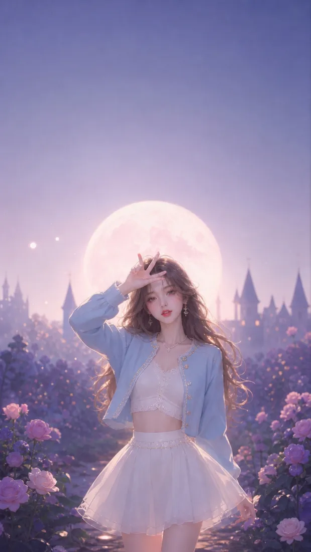 卡通美女手机壁纸｜月下城堡花海背景图片 - 梦幻少女「哲风壁纸」
