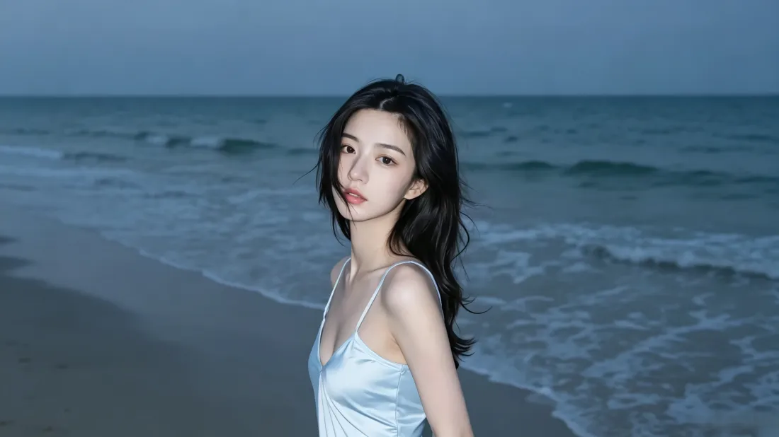 3k海边女生壁纸｜蓝调海岸背景图片 - 吊带黑长发氛围感「哲风壁纸」