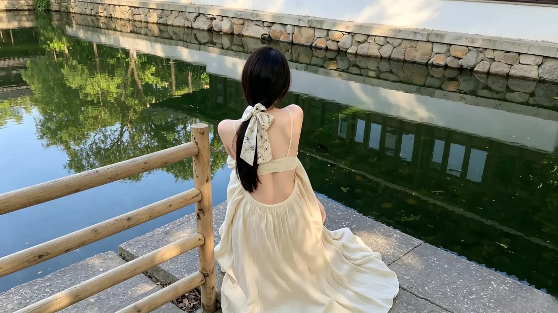 3k露背长裙美女壁纸｜池边石岸背景图片 - 夏日氛围感好身材女生「哲风壁纸」