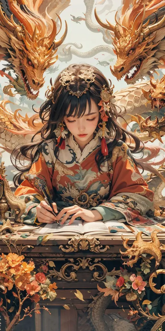 古风红衣美女手机壁纸｜金龙环绕背景图片 - 国风伏案书写「哲风壁纸」