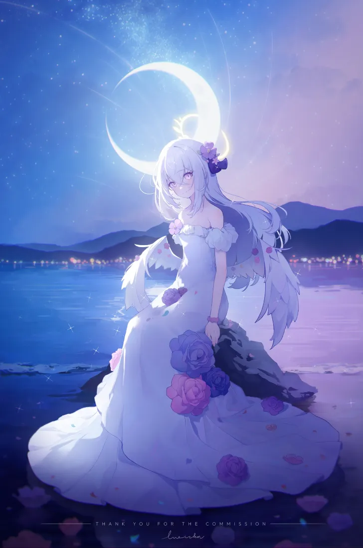 白洲梓手机壁纸｜海边月夜背景图片 - 白裙少女梦幻插画「哲风壁纸」