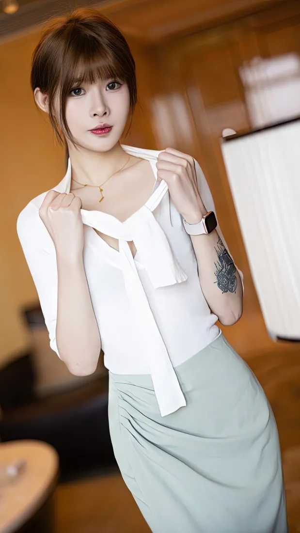 性感美女手机壁纸｜室内写真背景图片 - 白衬衫包臀裙造型「哲风壁纸」