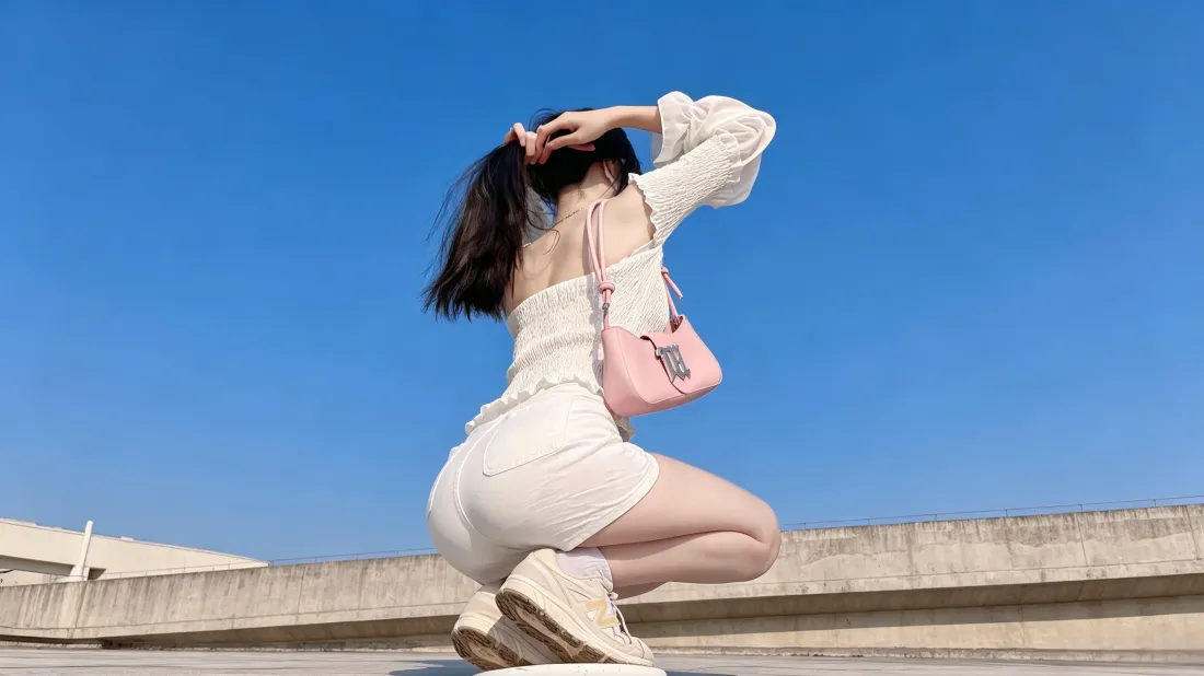 3k白衣美女壁纸｜蓝天天台背景图片 - 蹲姿露背穿搭「哲风壁纸」