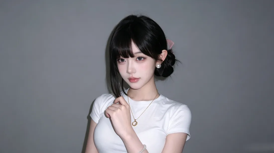 3k清冷感黑发少女壁纸｜灰色背景图片 - 白T恤甜酷人像「哲风壁纸」