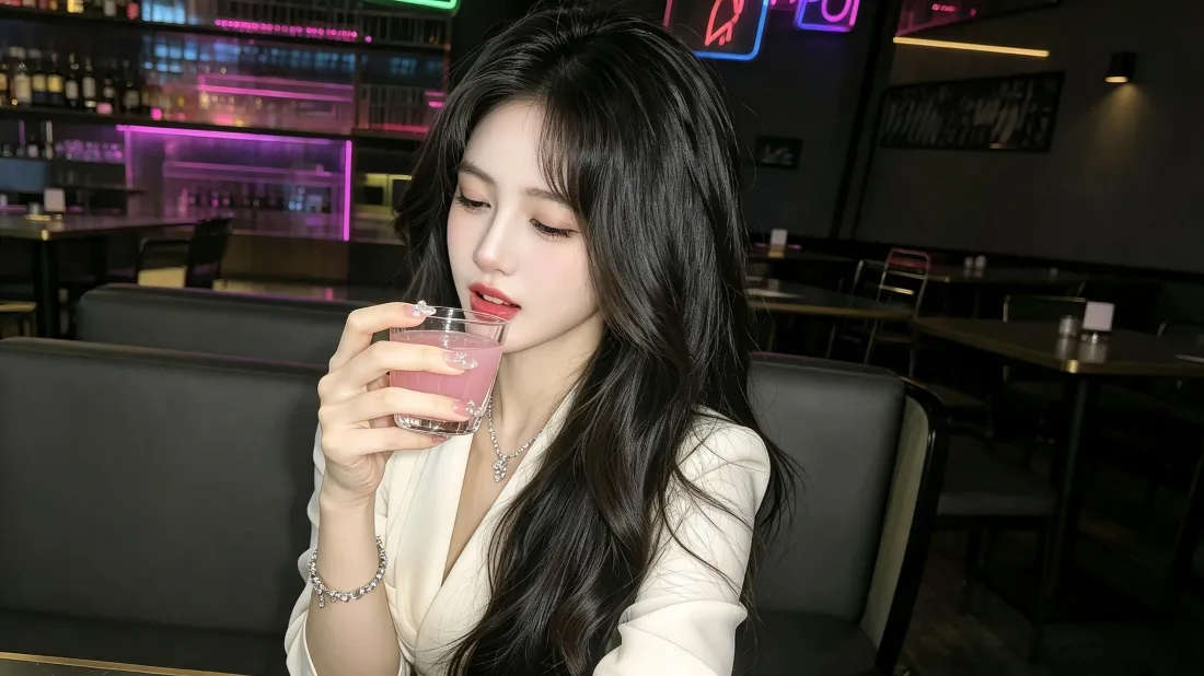 3k长发美女壁纸｜酒吧休闲背景图片 - 白西装喝粉色特调「哲风壁纸」