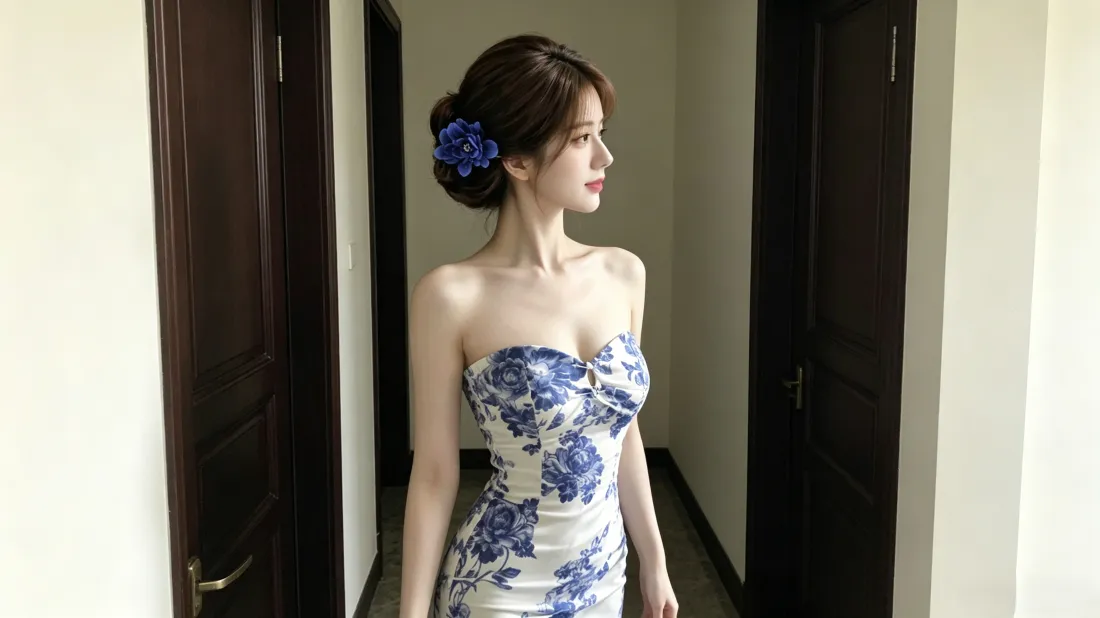 3k青花瓷抹胸裙美女｜新中式穿搭背景图片 - 盘发蓝花发饰室内写真「哲风壁纸」