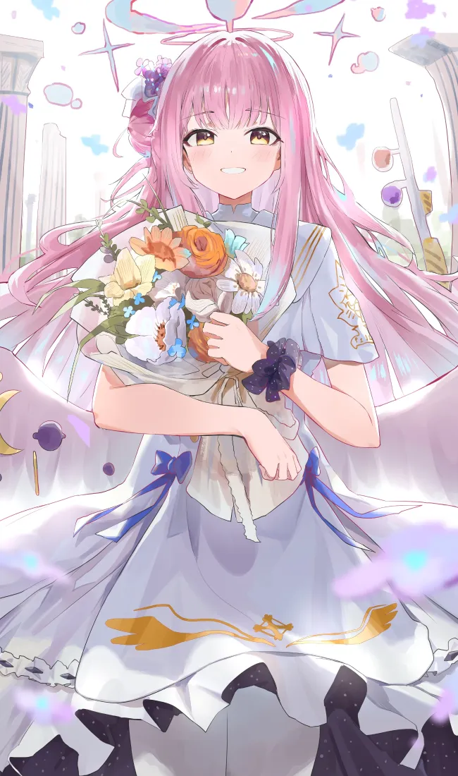 未花手机壁纸｜蔚蓝档案角色 - 捧花礼服粉发少女「哲风壁纸」