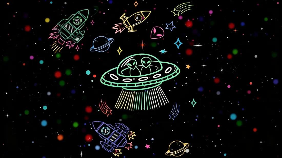 3k飞碟外星人｜霓虹星空背景图片 - 火箭行星线描插画「哲风壁纸」
