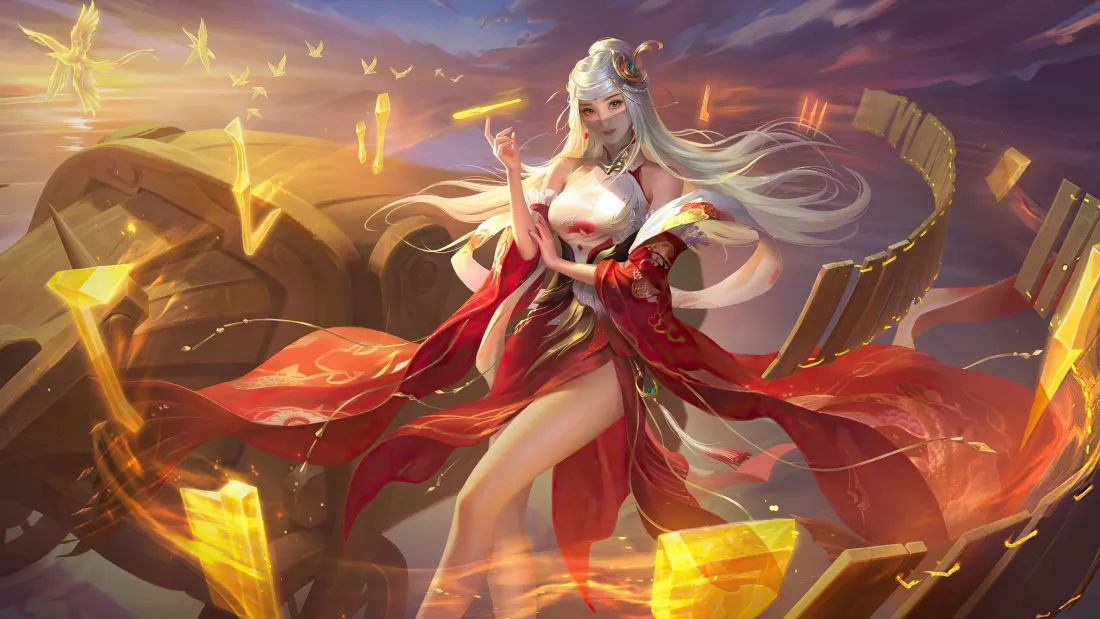4k三国杀黄月英壁纸｜古风红衣背景图片 - 白发才女机关特效「哲风壁纸」