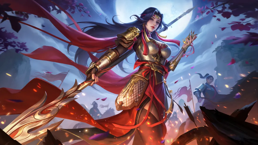 4k三国杀文鸳壁纸｜月夜战场背景图片 - 金甲红袍女将立绘「哲风壁纸」