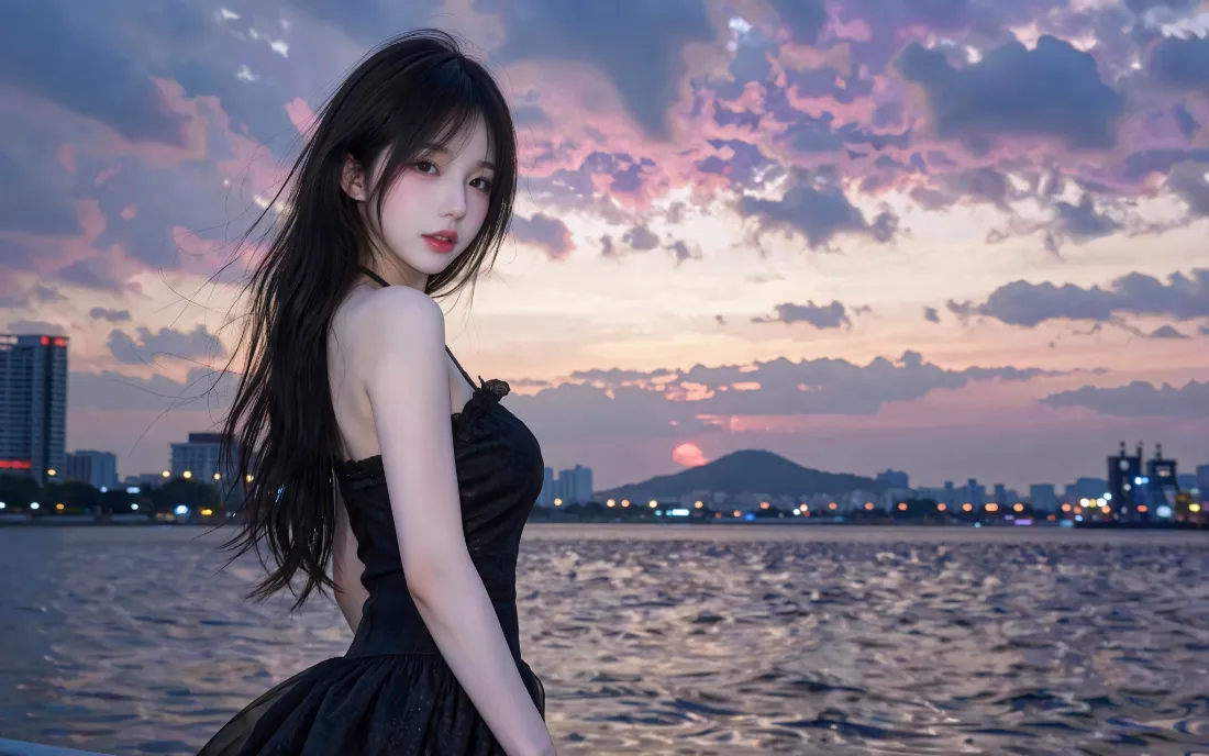 2k黑裙美女壁纸｜海边日落背景图片 - 氛围感城市江景人像「哲风壁纸」