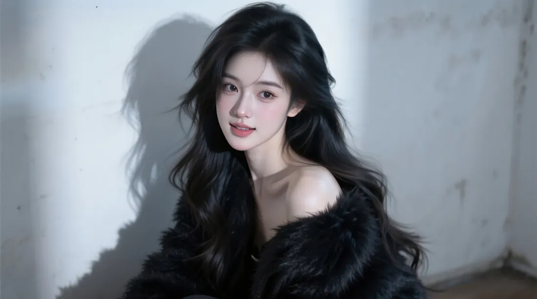 2k气质美女壁纸｜黑色露肩毛衣背景图片 - 长卷发温柔写真「哲风壁纸」